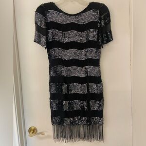 VTG 80’s 100% Silk Sequin Party Cocktail Dress Fringe Hem Black Niteline Sz 8